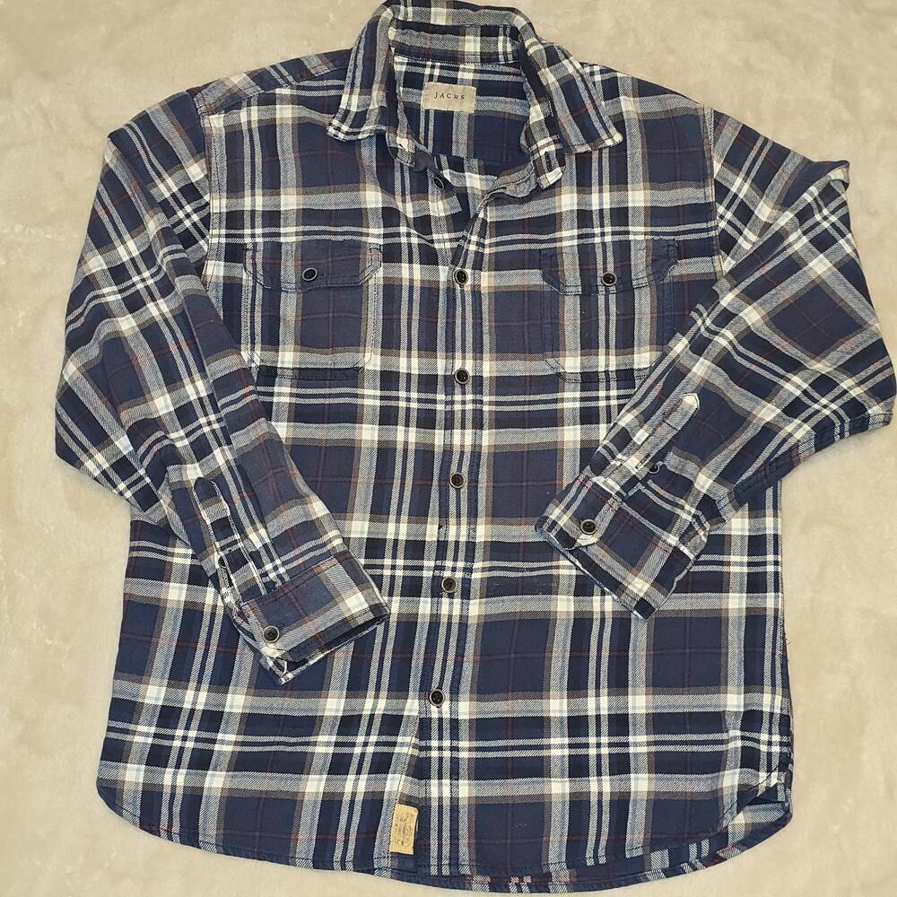 Jachs Men’s Flannel Shirt Blue Plaid Long Sleeve Button Front Casual Size M